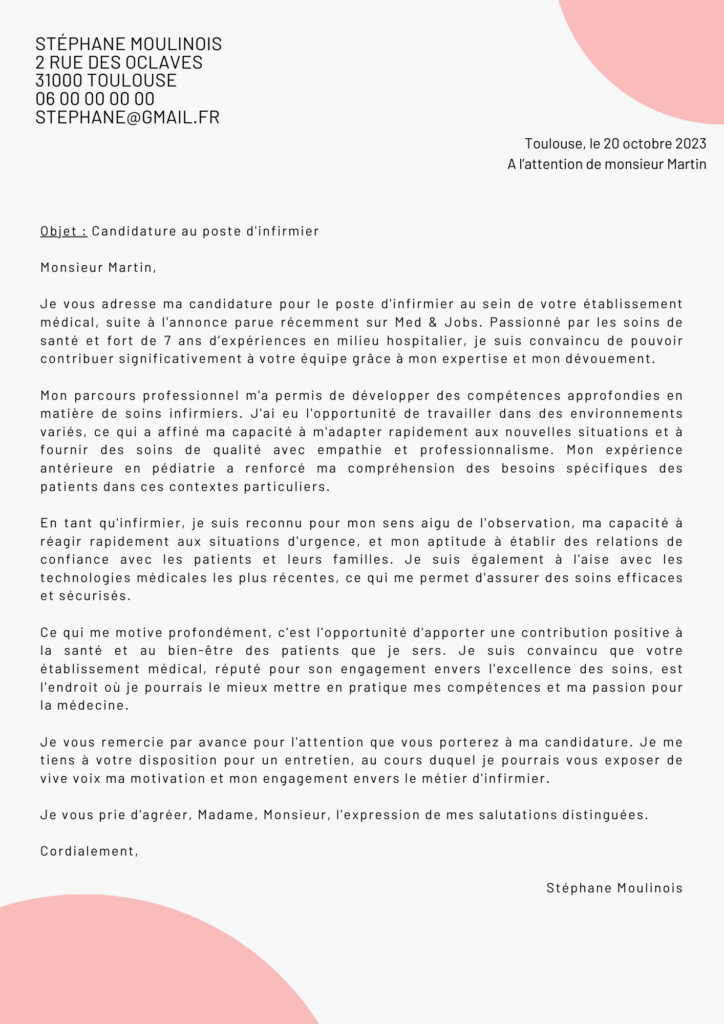 exemple d'une lettre de motivation infirmier